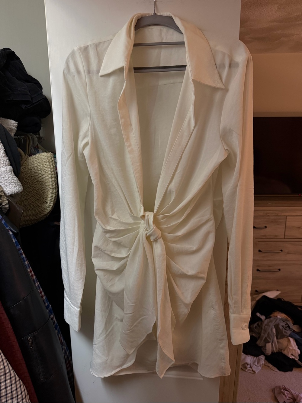 Cream Tie-Front Long Sleeve Blazer